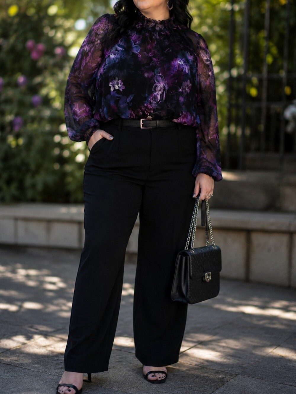 Penningtons Plus Size Sheer Purple Black Floral Blouse | Long Sleeve Mesh